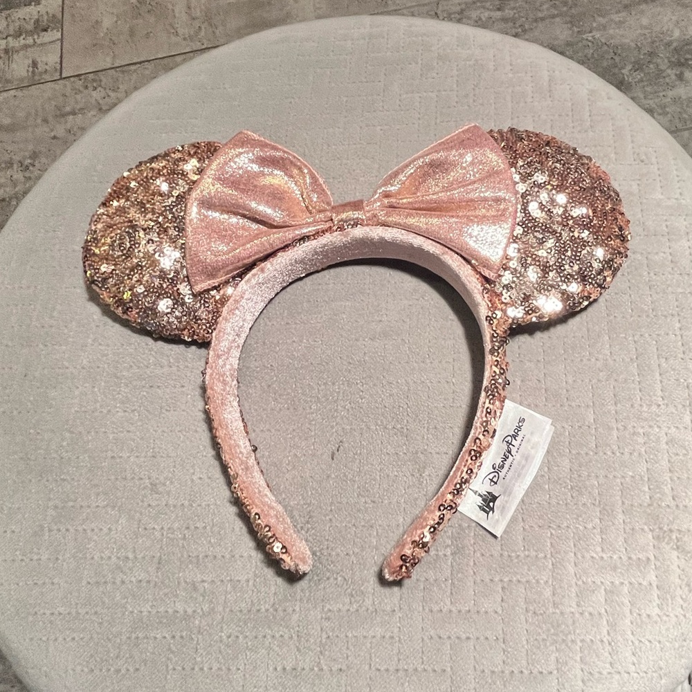 Disney Rose Gold Sequin Minnie Ears Headband with Metallic Bow